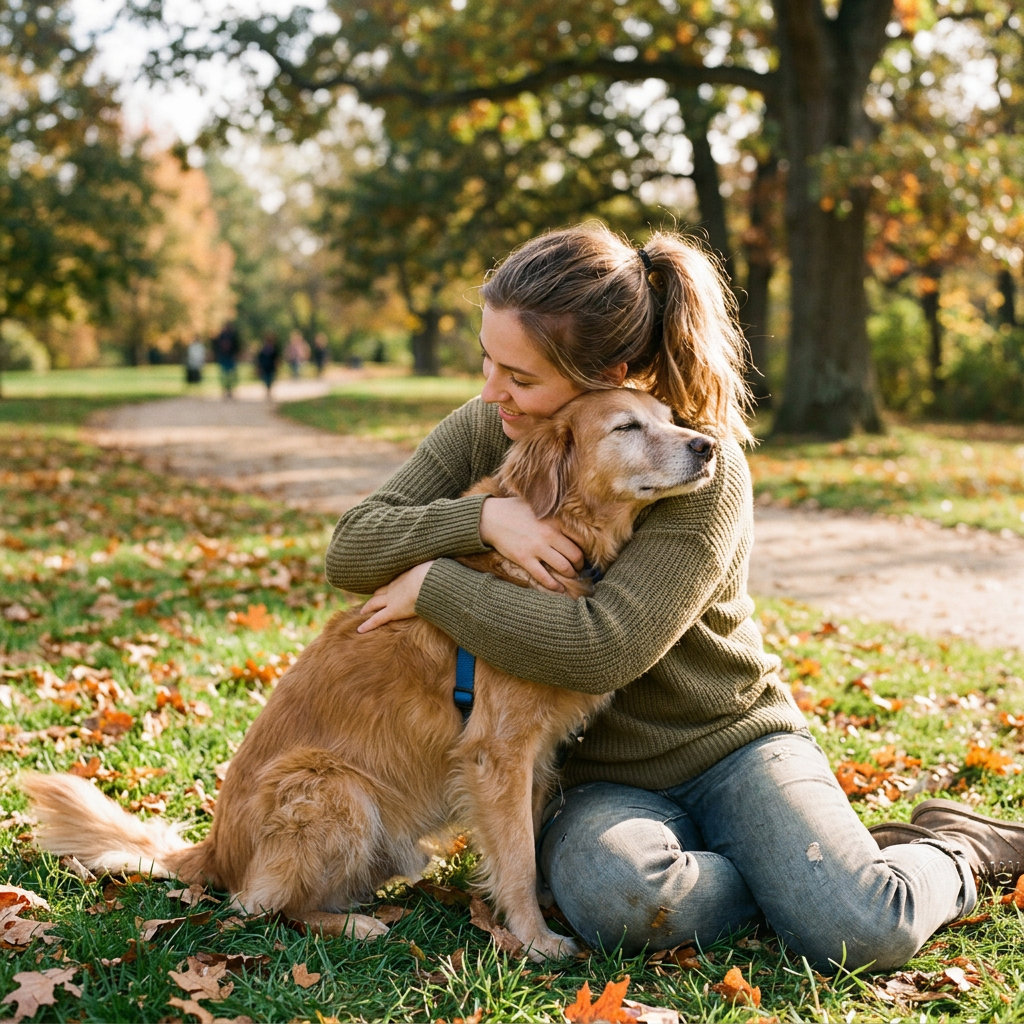 Woman in sweater hugging golden retriever dog outdoors on grass with autumn leaves